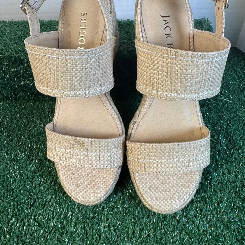 Jack Rogers Womens Sunset Wedge Sandals Natural Woven Raffia Beige Size 6.5M